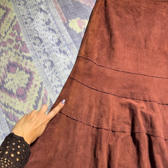 Vintage Leather Tiered Brown Flare Maxi Skirt Women's Size 8 - Picture 12 of 12